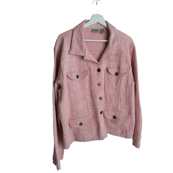 Chico's Blazer Women's Size 12 Pink Long sleeve Button Up Multi Pocket Crinkle - Picture 9 of 10